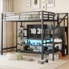 Full Size Metal Loft Bed with TV Stand, Metal Loft Bed with Staircase and Wardrobe, Kids Full Size Loft Bed, Black