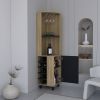 Kaia 70" Tall Corner Bar Cabinet With Four Shelves, Ten Wine Bottle Cubbies and Stemware in Natural Oak - Black - as Pic