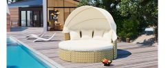 TOPMAX Patio Furniture Round Outdoor Sectional Sofa Set Rattan Daybed Two-Tone Weave Sunbed, Beige