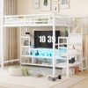 Full Size Metal Loft Bed with TV Cabinet, Metal Loft Bed with Staircase and Wardrobe, Kids Full Size Loft Bed, White