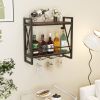 Wall Mounted Wine Rack with 2-Tier Shelves and 3 Glass Holders - Rustic Brown